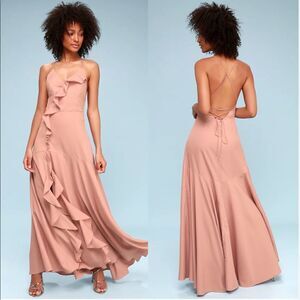 NEW ✨ Lulu’s Selmah Mauve Ruffled Lace-Up Maxi Dress M